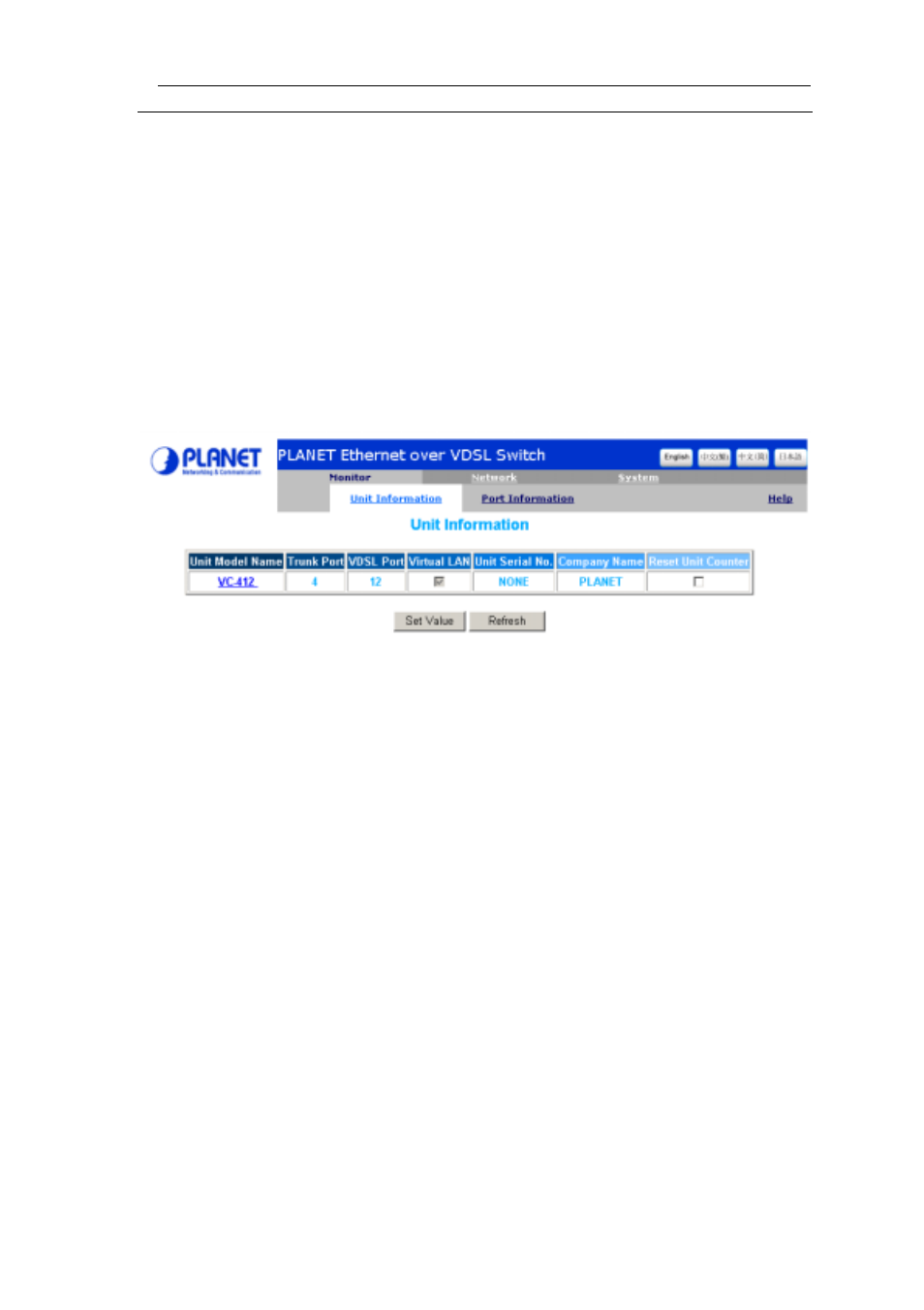 2 monitor configuration, 1 unit information, 2 port information | 1 vdsl port information | Planet Technology VC-412 User Manual | Page 16 / 46