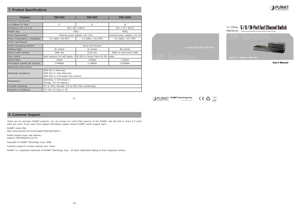 Product specifications, Customer support | Planet Technology FSD-503 User Manual | Page 2 / 2