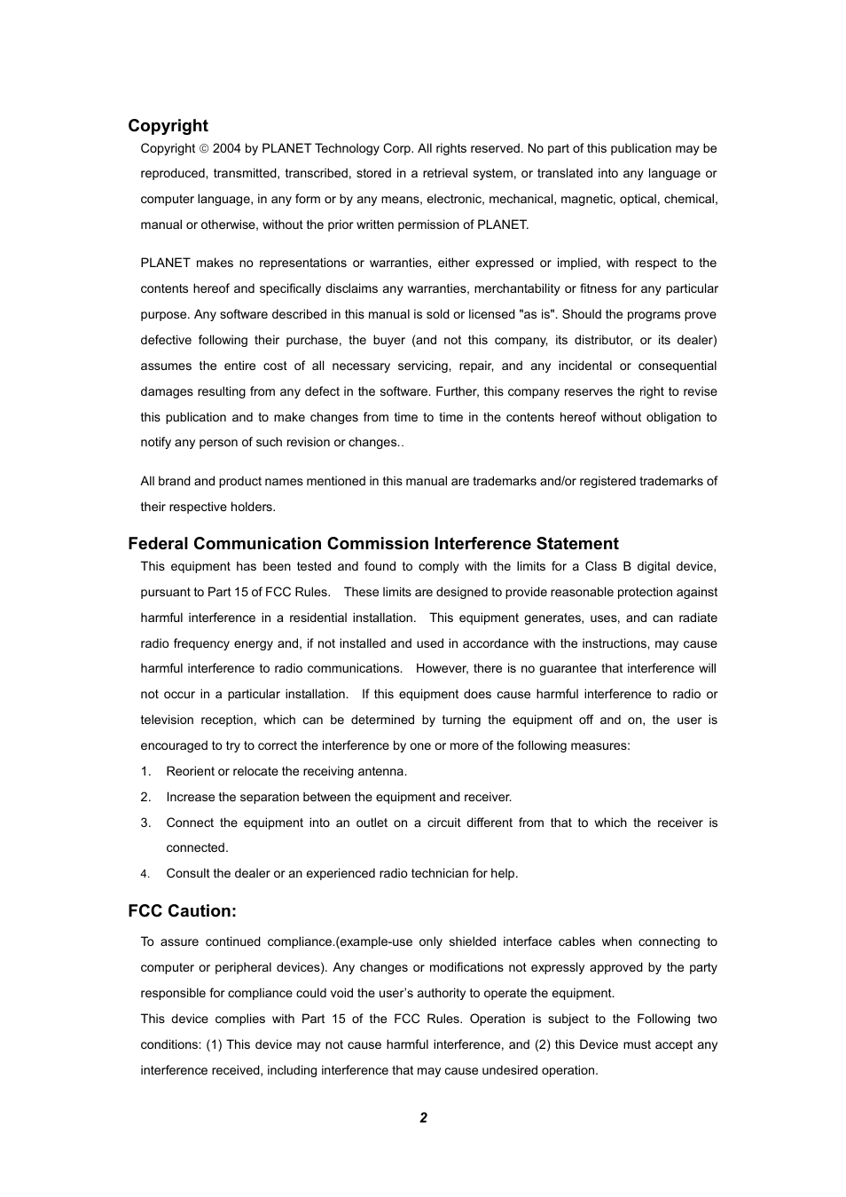 Copyright, Fcc caution | Planet Technology WL-U356 User Manual | Page 2 / 28