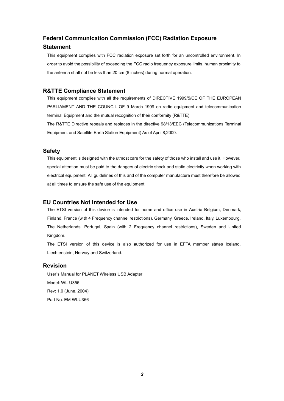 R&tte compliance statement, Safety, Eu countries not intended for use | Revision | Planet Technology WL-U356 User Manual | Page 3 / 28