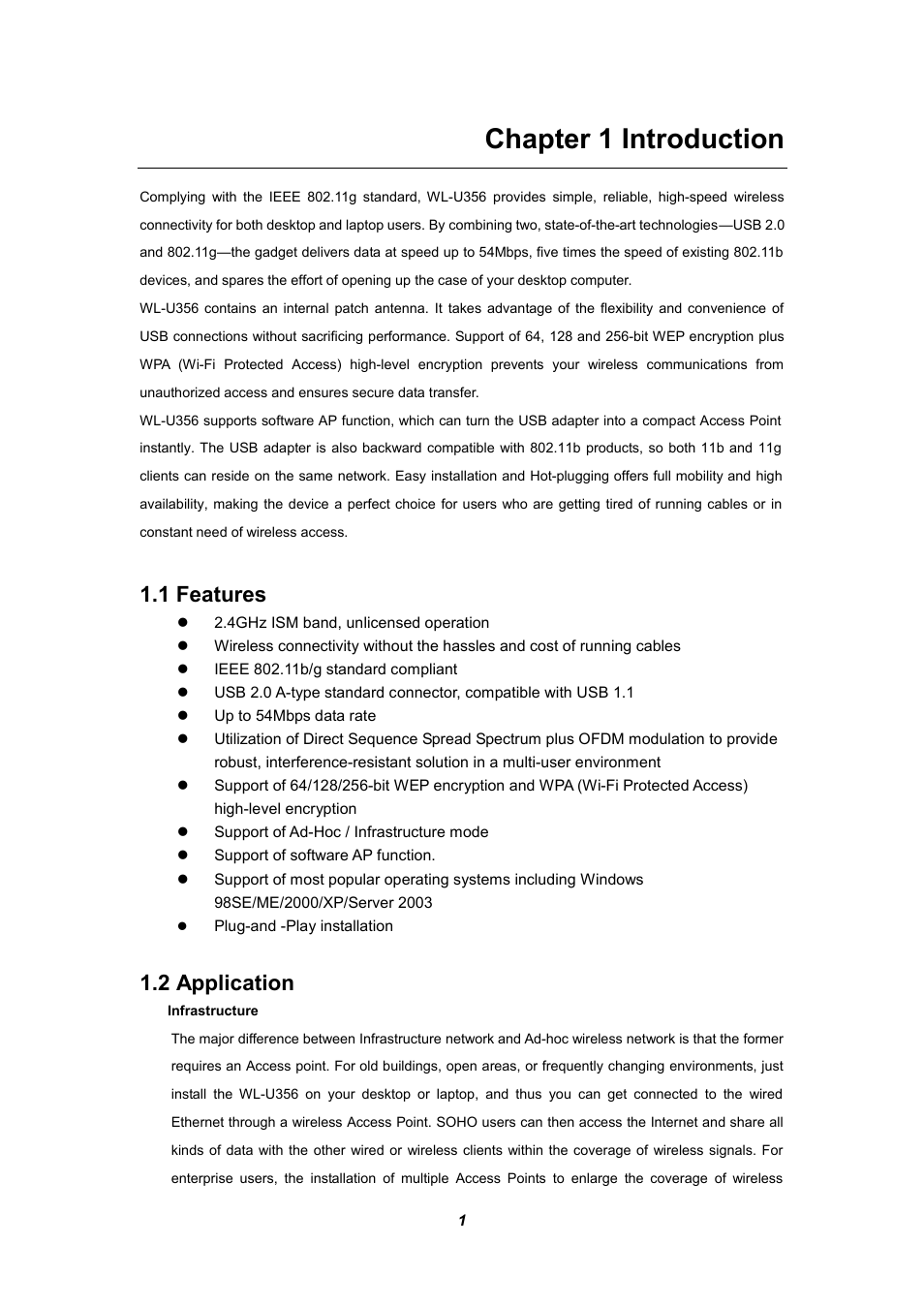 Chapter 1 introduction, 1 features, 2 application | Planet Technology WL-U356 User Manual | Page 5 / 28