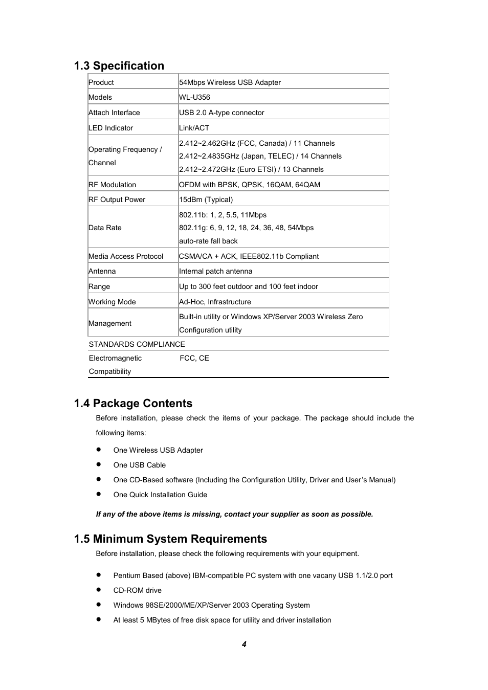 3 specification, 4 package contents, 5 minimum system requirements | Planet Technology WL-U356 User Manual | Page 8 / 28