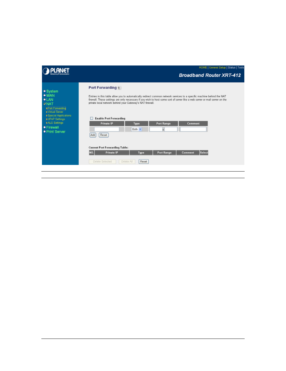 1 port forwarding | Planet Technology XRT-412 User Manual | Page 39 / 70