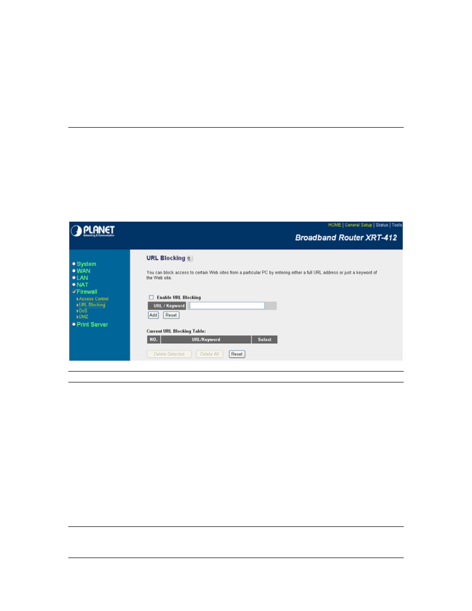3 denial of service (dos), 2 url blocking | Planet Technology XRT-412 User Manual | Page 49 / 70