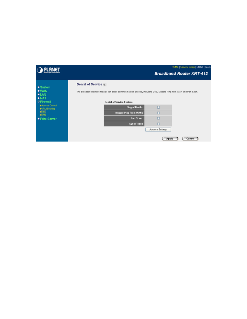 4 dmz, 3 denial of service (dos) 3.5.4 dmz, 3 denial of service (dos) | Planet Technology XRT-412 User Manual | Page 50 / 70