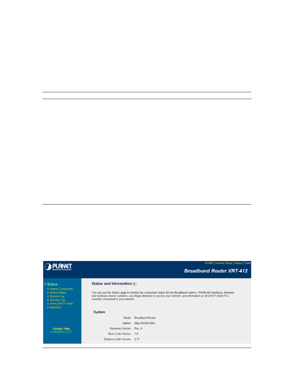 Chapter 4 status, 1 status and information | Planet Technology XRT-412 User Manual | Page 58 / 70