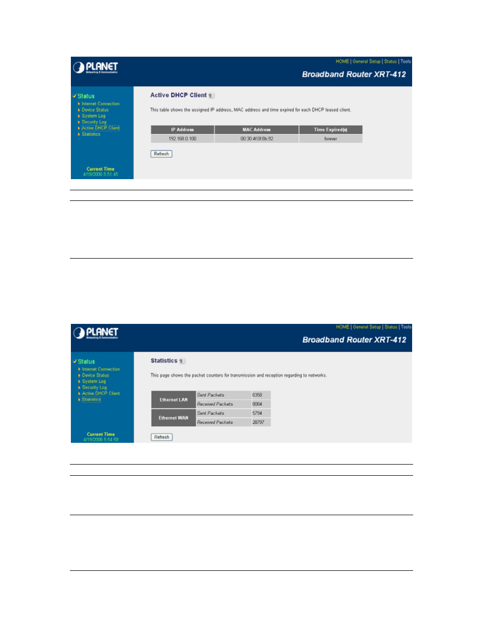 6 active dhcp client, 7 statistics | Planet Technology XRT-412 User Manual | Page 62 / 70
