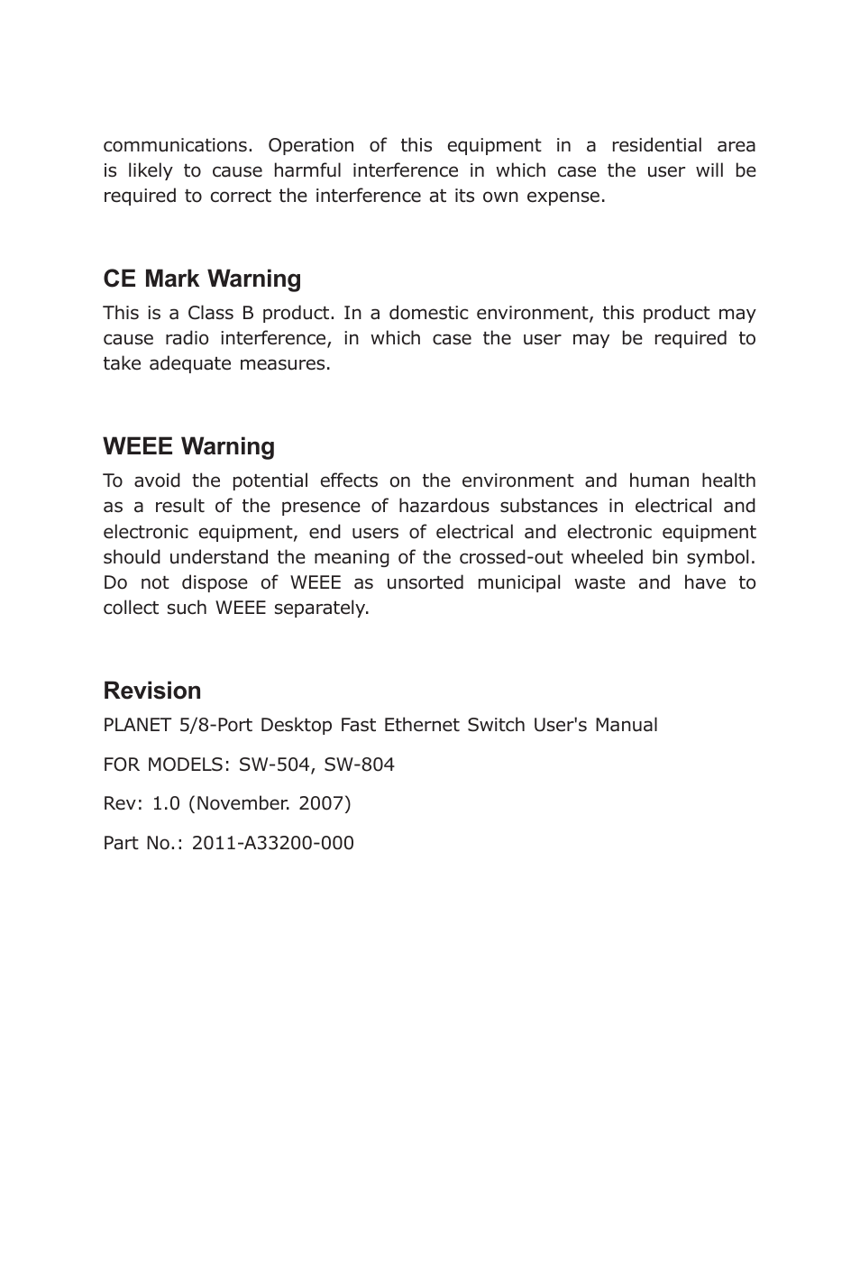 Ce mark warning, Weee warning, Revision | Planet Technology SW-804 User Manual | Page 3 / 16