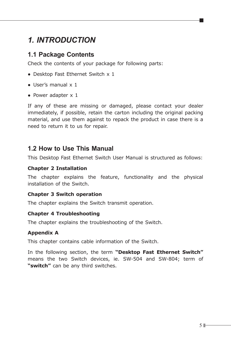 Introduction, 1 package contents, 2 how to use this manual | Planet Technology SW-804 User Manual | Page 5 / 16