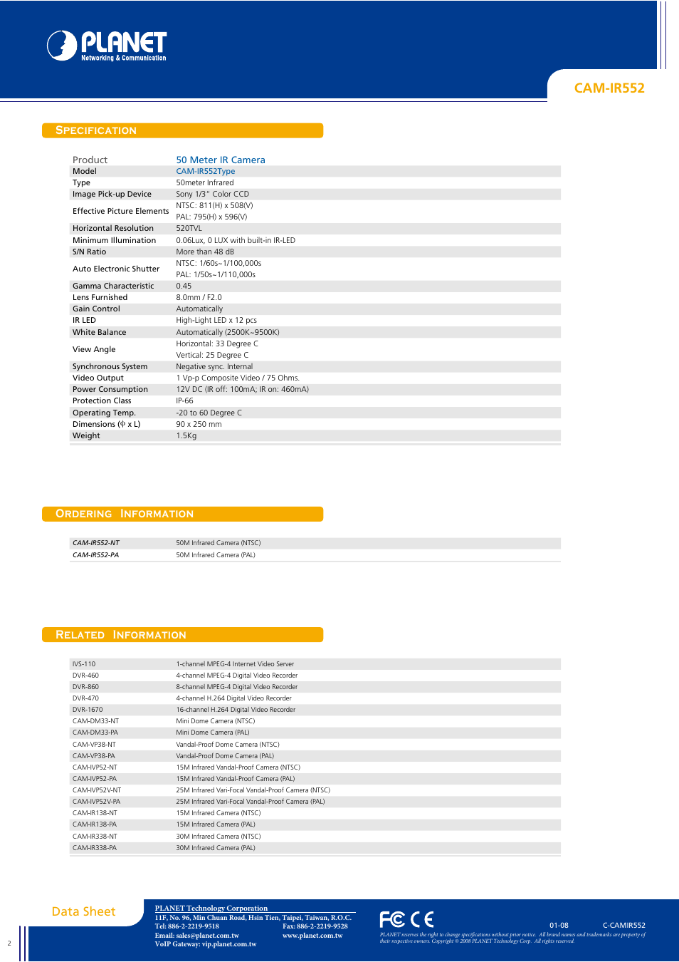 Cam-ir552, Data sheet, Specification ordering information | Related information | Planet Technology CAM-IR552 User Manual | Page 2 / 2