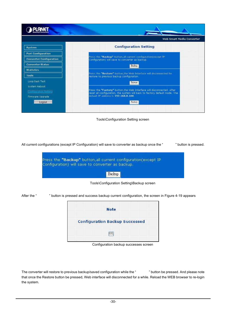 Backup, Restore | Planet Technology SVC2540 User Manual | Page 33 / 40