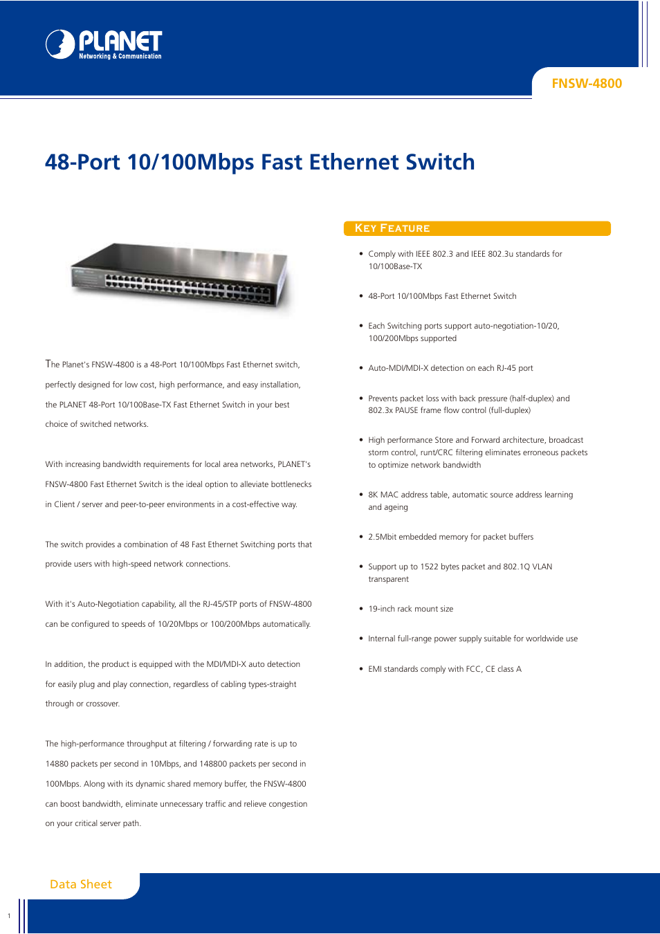 Planet Technology FNSW-4800 User Manual | 2 pages