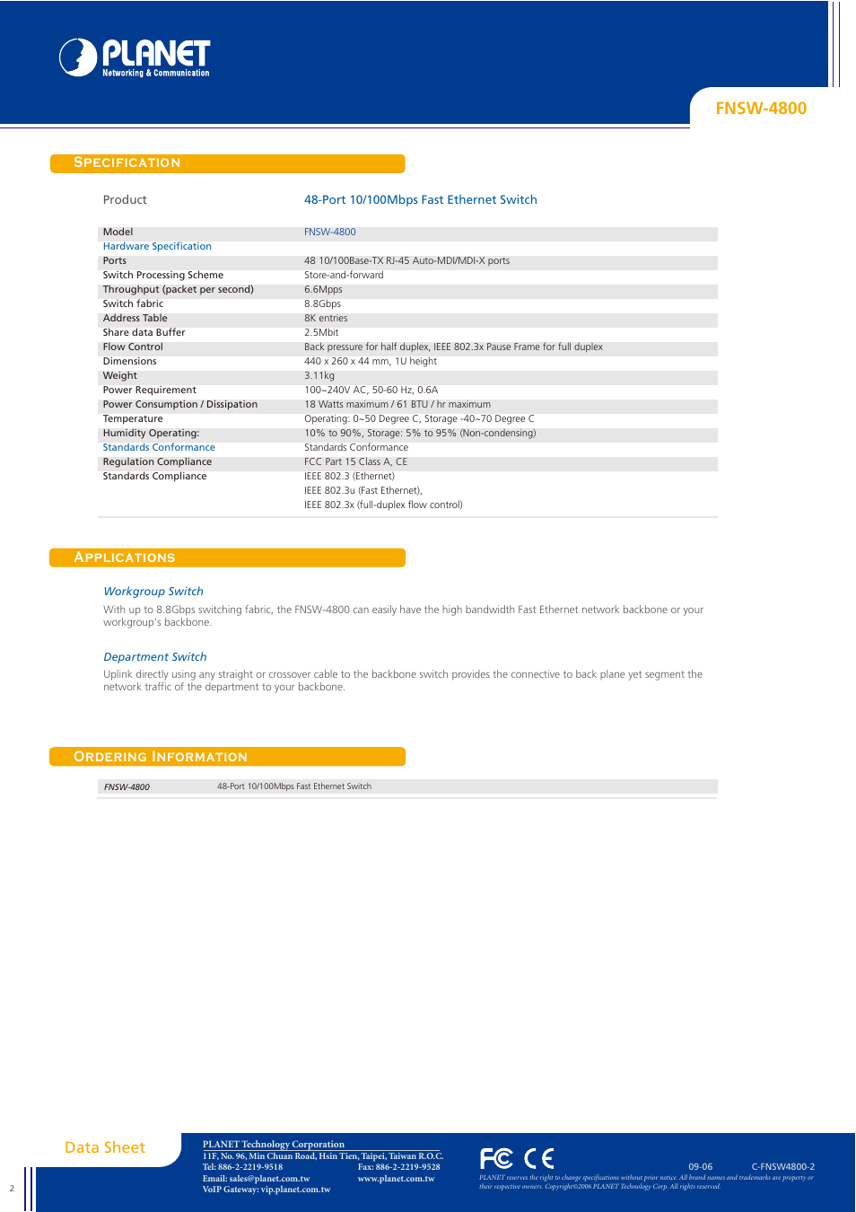 Fnsw-4800, Specification applications ordering information, Data sheet | Planet Technology FNSW-4800 User Manual | Page 2 / 2