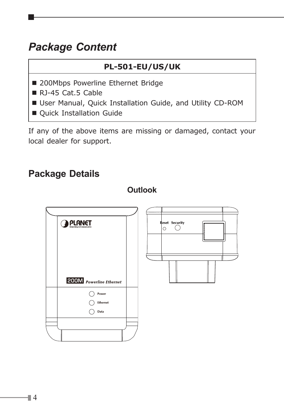 Package content | Planet Technology 200Mbps Powerline Ethernet Bridge PL-501-EU/US/UK User Manual | Page 4 / 8