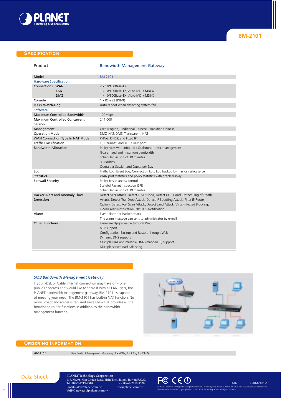 Bm-2101, Specification ordering information, Data sheet | Planet Technology BM-2101 User Manual | Page 2 / 2