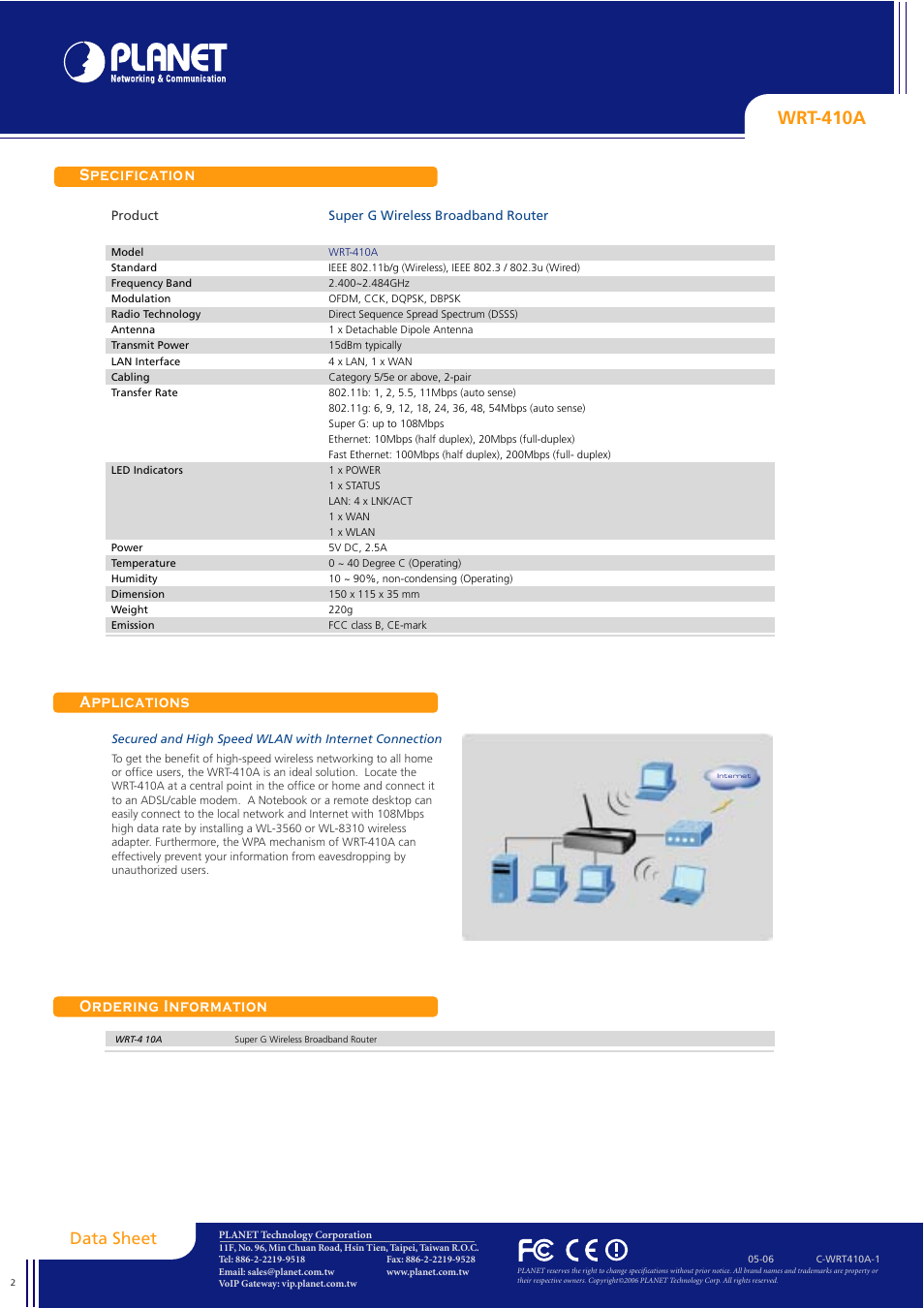 Wrt-410a, Specification applications ordering information, Data sheet | Planet Technology WRT-410A User Manual | Page 2 / 2