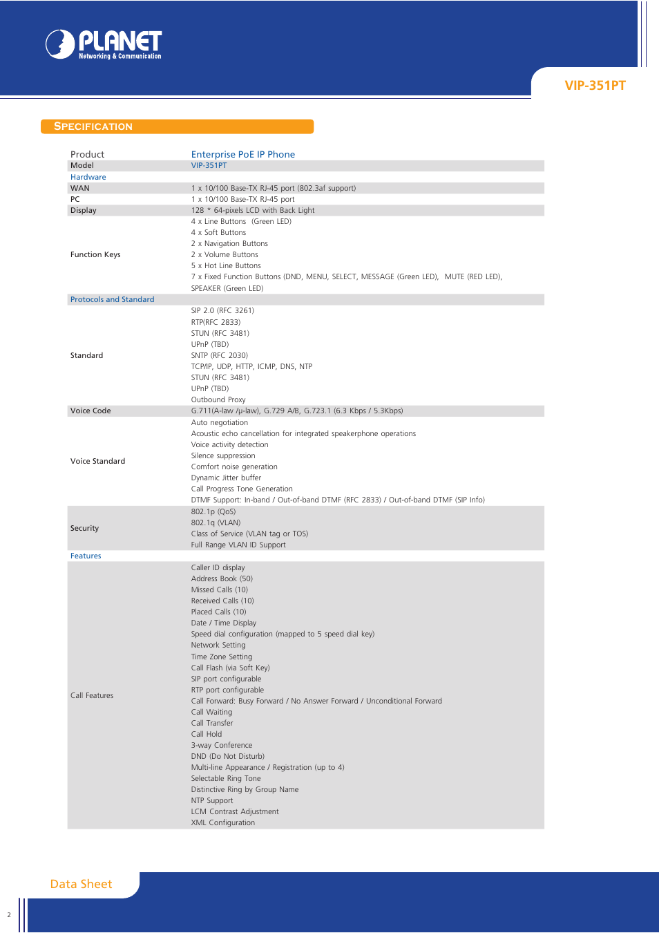 Vip-351pt, Data sheet, Specification | Planet Technology VIP-351PT User Manual | Page 2 / 3