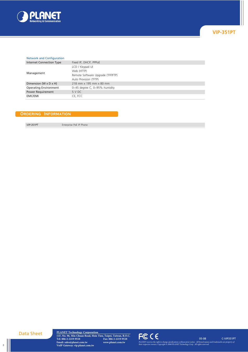 Vip-351pt, Data sheet, Ordering information | Planet Technology VIP-351PT User Manual | Page 3 / 3