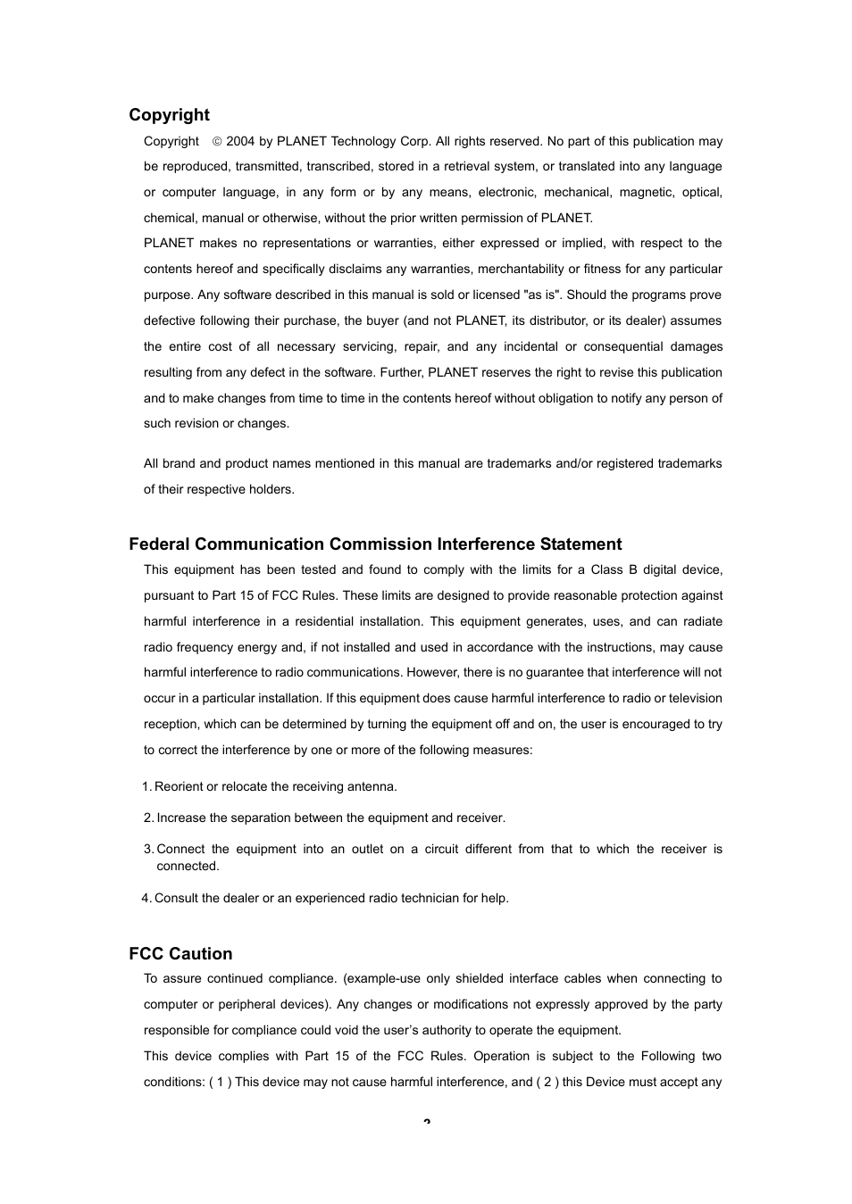 Copyright, Fcc caution | Planet Technology WAP-4030 User Manual | Page 2 / 17