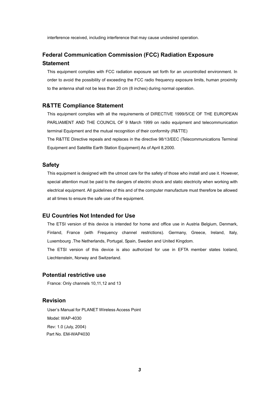 R&tte compliance statement, Safety, Eu countries not intended for use | Potential restrictive use, Revision | Planet Technology WAP-4030 User Manual | Page 3 / 17