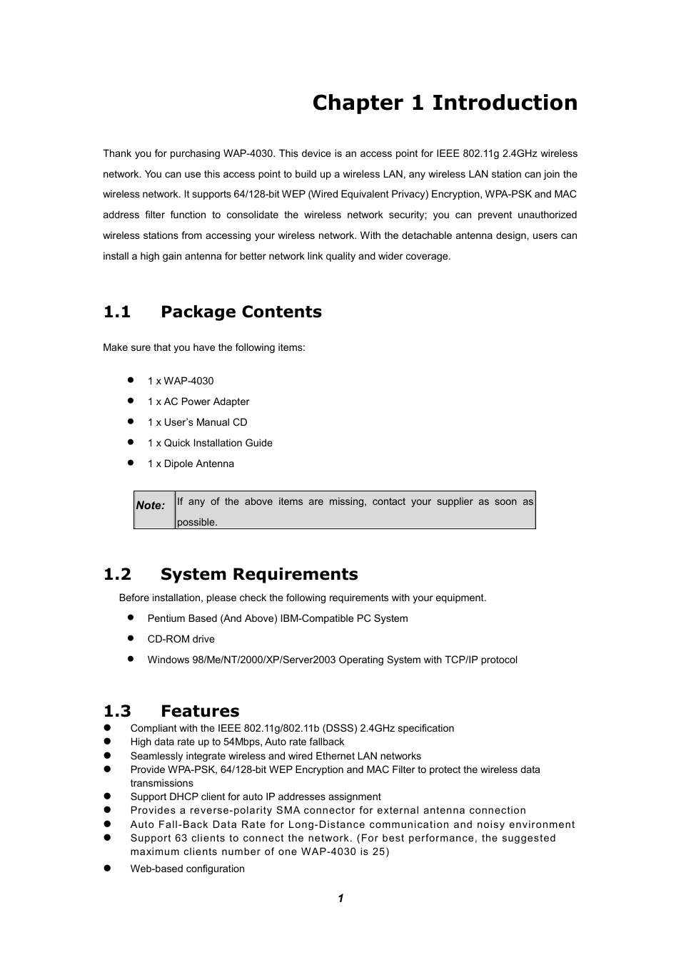 Chapter 1 introduction, 1 package contents, 2 system requirements | 3 features | Planet Technology WAP-4030 User Manual | Page 5 / 17