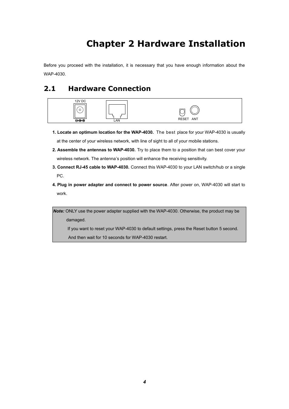 Chapter 2 hardware installation, 1 hardware connection | Planet Technology WAP-4030 User Manual | Page 8 / 17