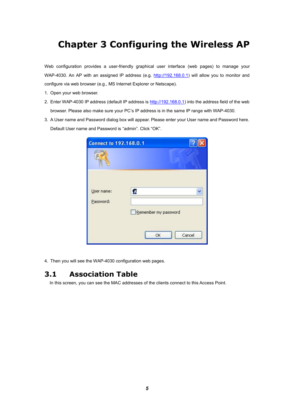 Chapter 3 configuring the wireless ap, 1 association table | Planet Technology WAP-4030 User Manual | Page 9 / 17
