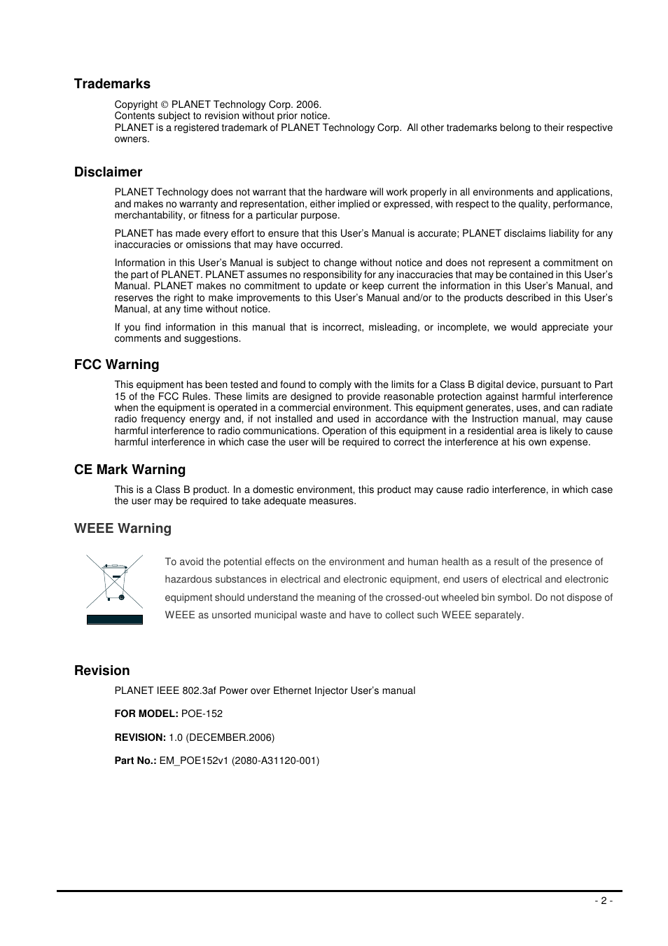 Trademarks, Disclaimer, Fcc warning | Ce mark warning, Weee warning, Revision | Planet Technology POE-152 User Manual | Page 2 / 11