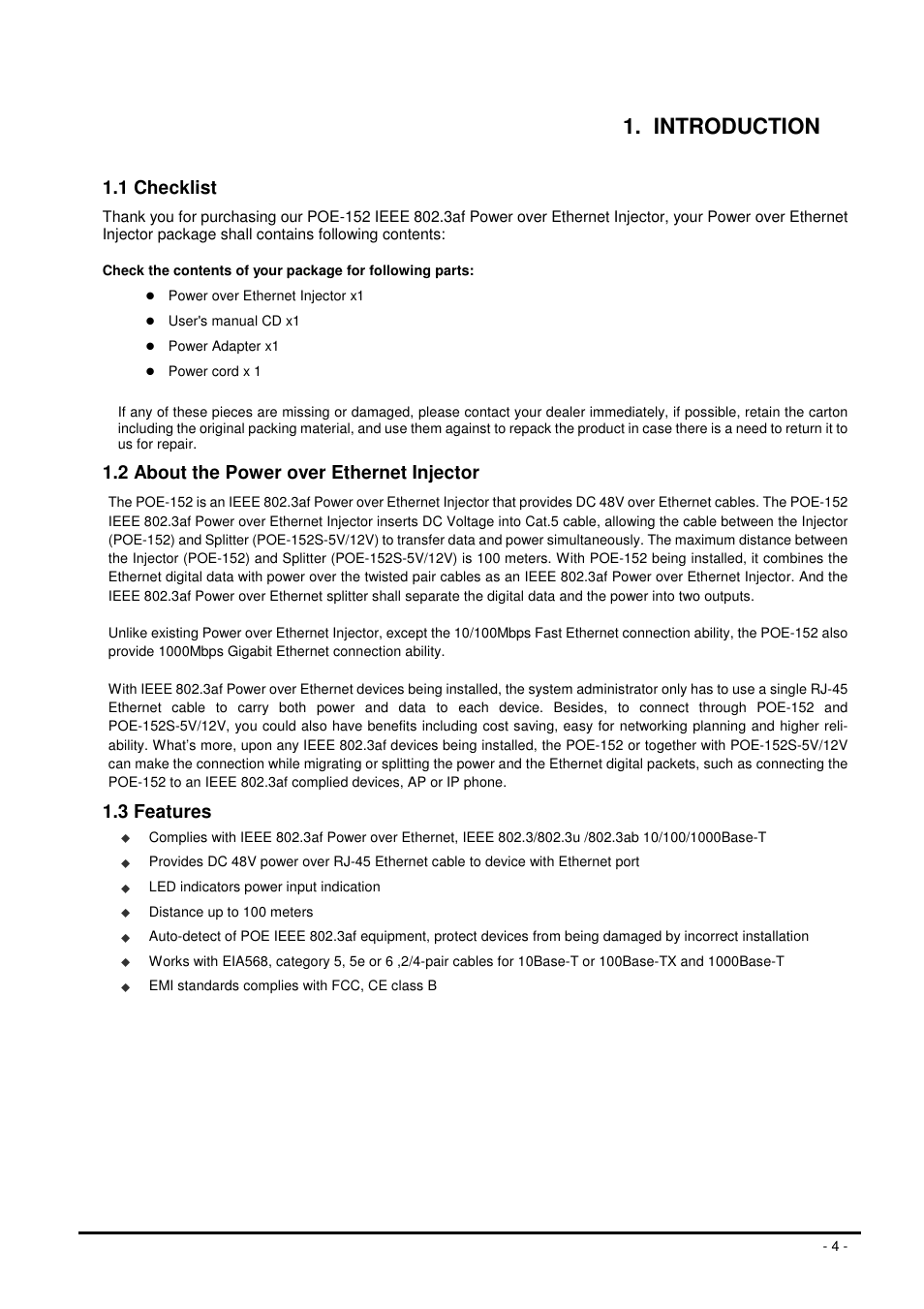 Introduction, 1 checklist, 2 about the power over ethernet injector | 3 features | Planet Technology POE-152 User Manual | Page 4 / 11