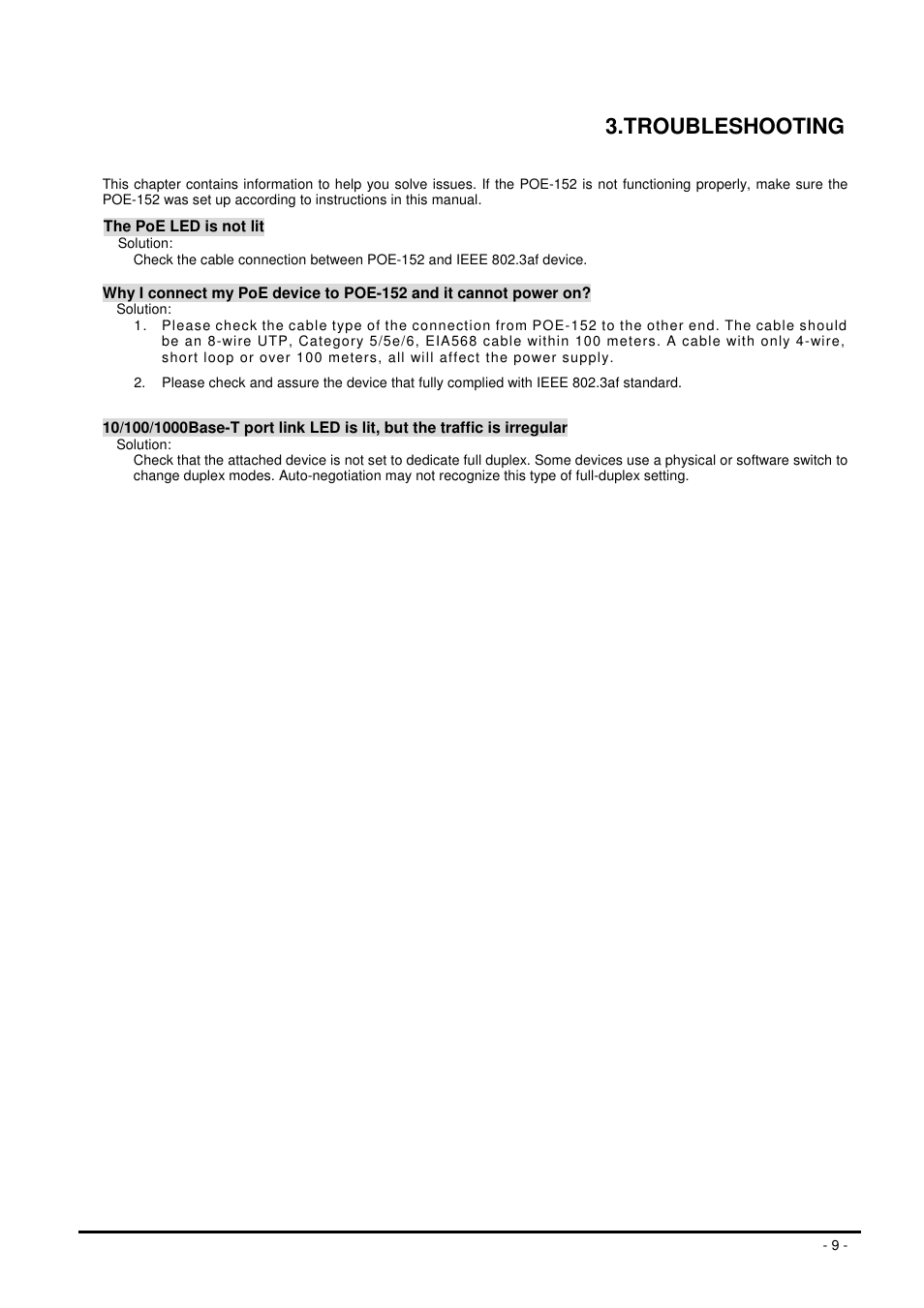 Troubleshooting | Planet Technology POE-152 User Manual | Page 9 / 11