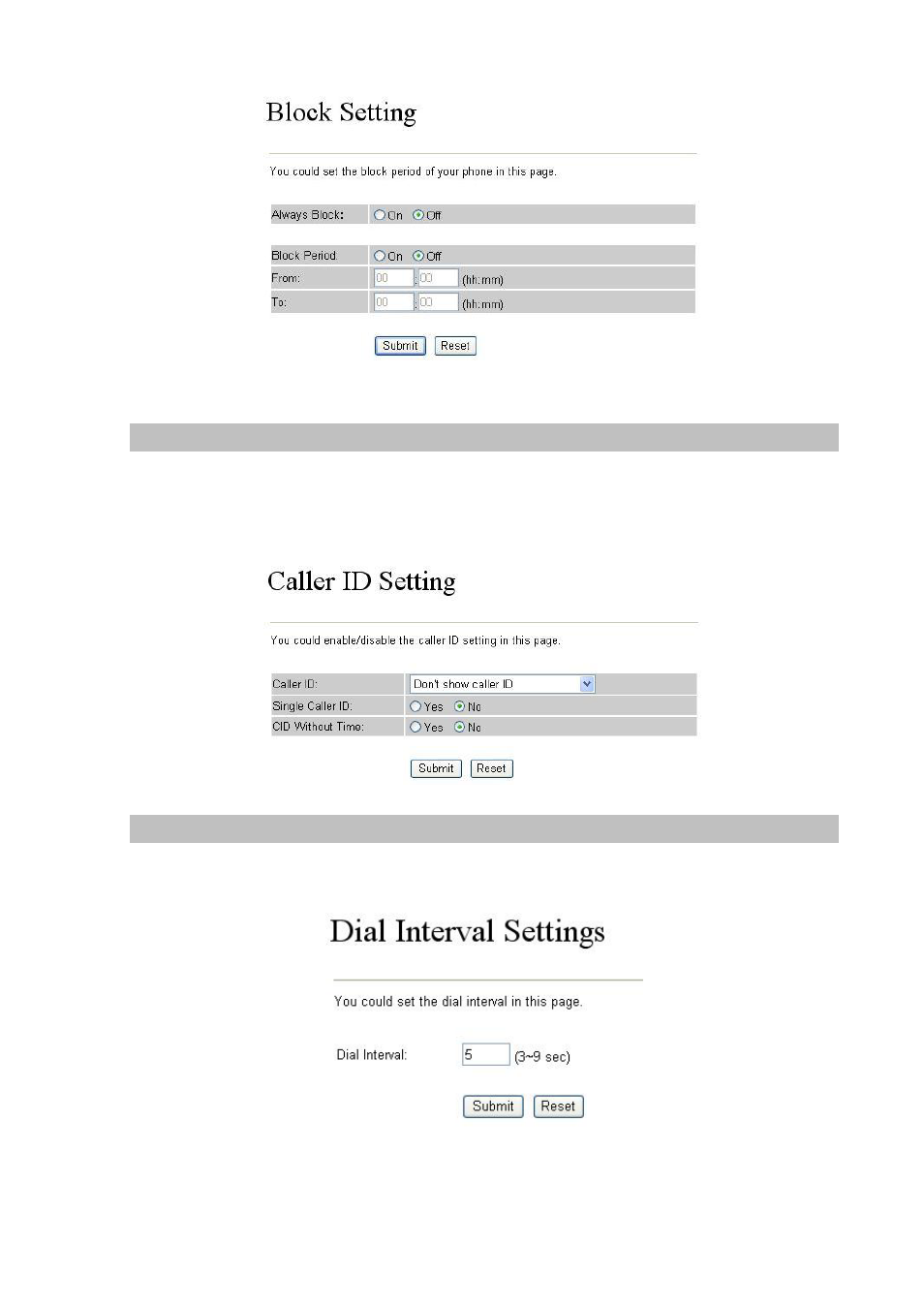 Caller id settings, Dial interval settings | Planet Technology VIP-156PE User Manual | Page 20 / 31