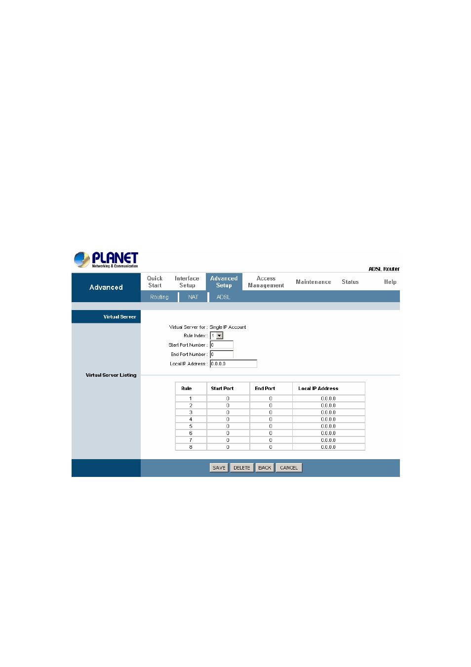 2 virtual server, 3 dmz setting, 1 static routing | 2 dynamic routing | Planet Technology ADW-4401 A/B User Manual | Page 31 / 42