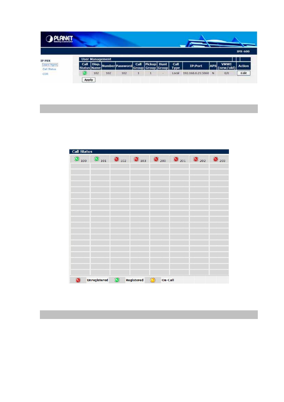 Call status, Hunt group | Planet Technology SOHO Internet Telephony PBX System IPX-600 User Manual | Page 35 / 67