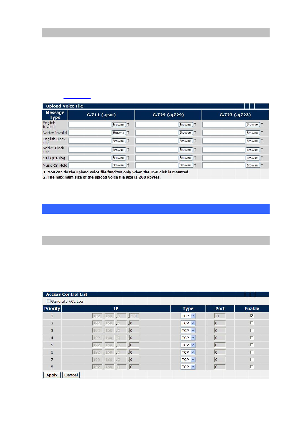 Nat advanced, Upload voice file, Access control list | Planet Technology SOHO Internet Telephony PBX System IPX-600 User Manual | Page 41 / 67
