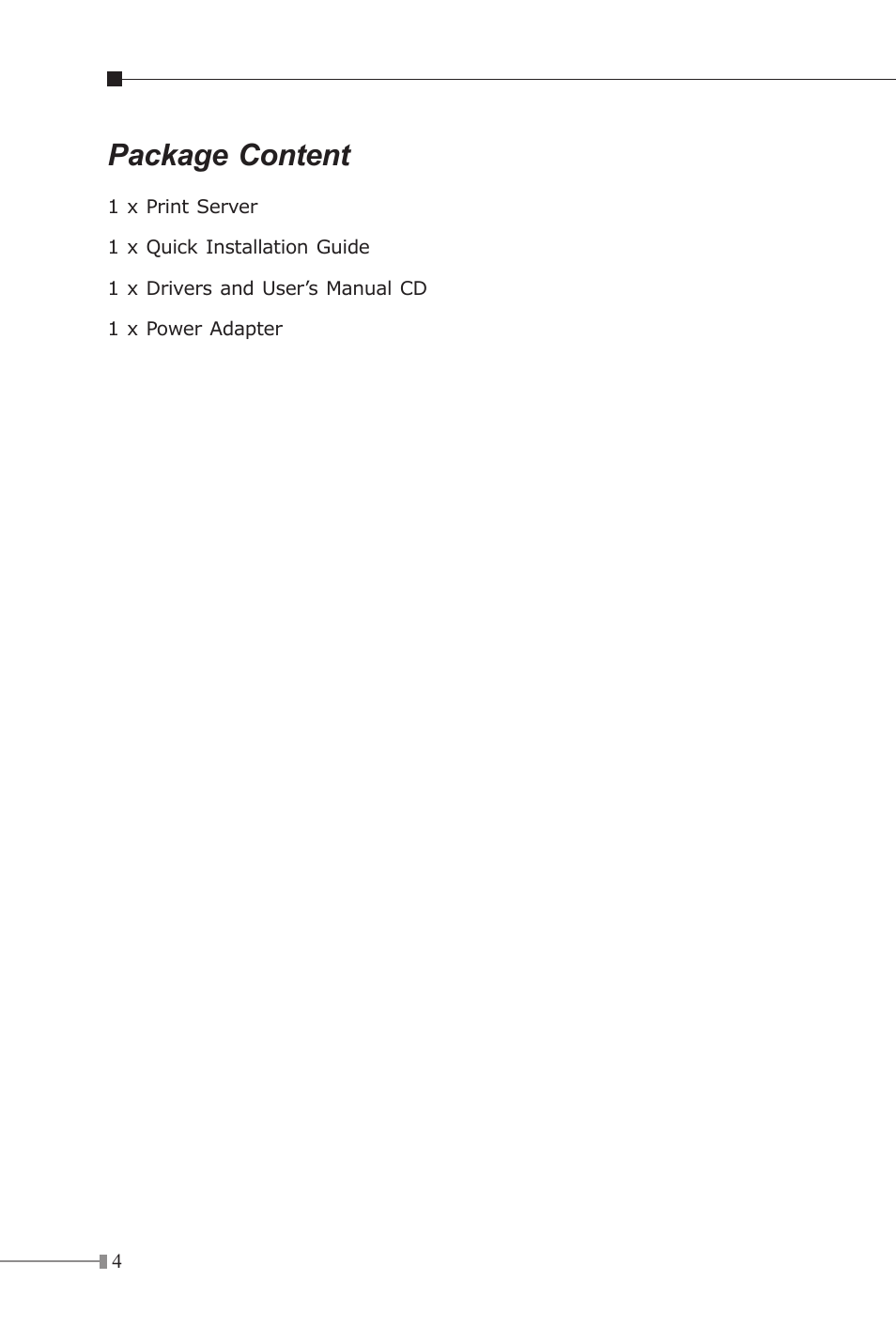 Package content | Planet Technology Multi-Port Fast Ethernet Print Server FPS-3121 User Manual | Page 4 / 12