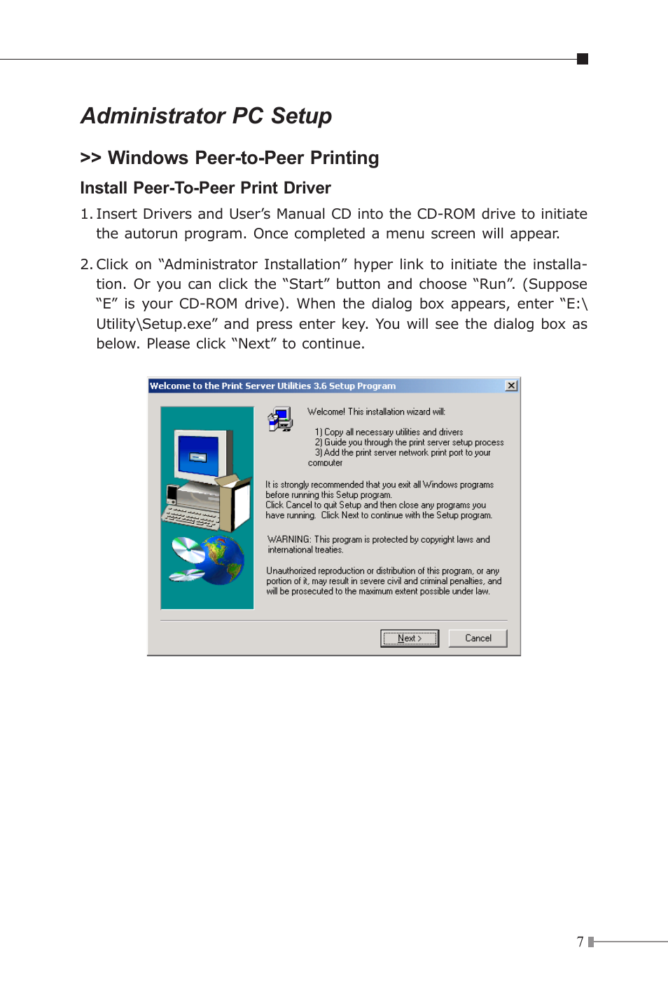 Administrator pc setup | Planet Technology Multi-Port Fast Ethernet Print Server FPS-3121 User Manual | Page 7 / 12