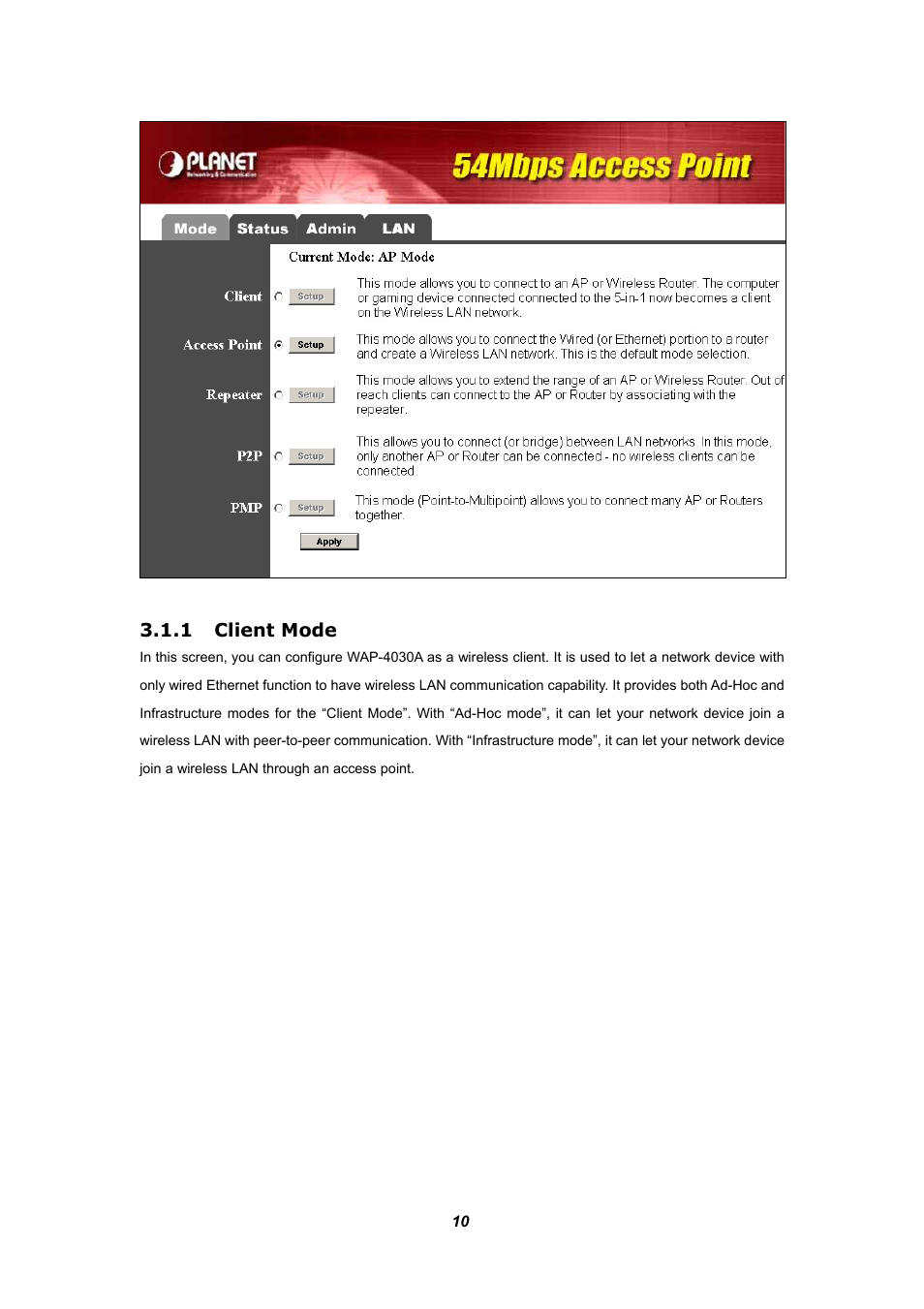 1 client mode, Client mode | Planet Technology WAP-4030A User Manual | Page 10 / 28