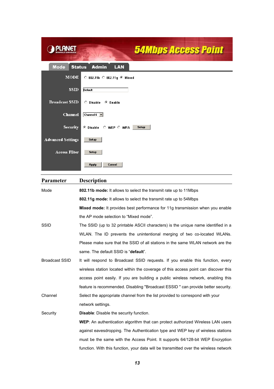1 advance setting, Parameter description | Planet Technology WAP-4030A User Manual | Page 13 / 28