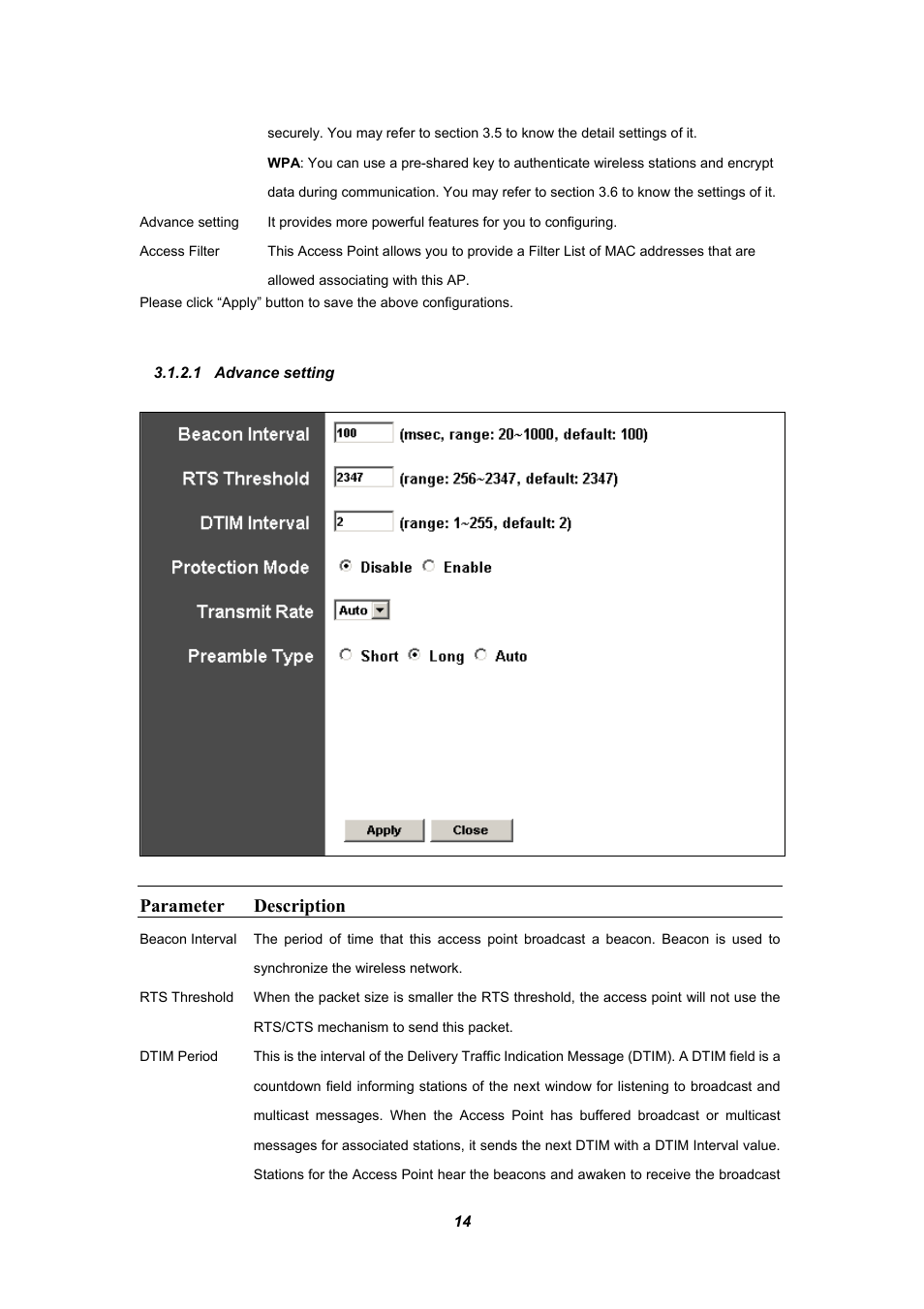 Parameter description | Planet Technology WAP-4030A User Manual | Page 14 / 28