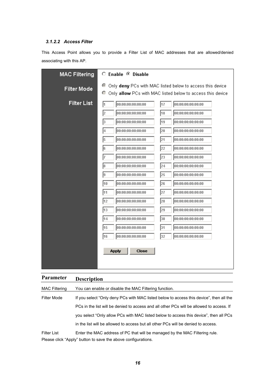 2 access filter, Parameter description | Planet Technology WAP-4030A User Manual | Page 16 / 28