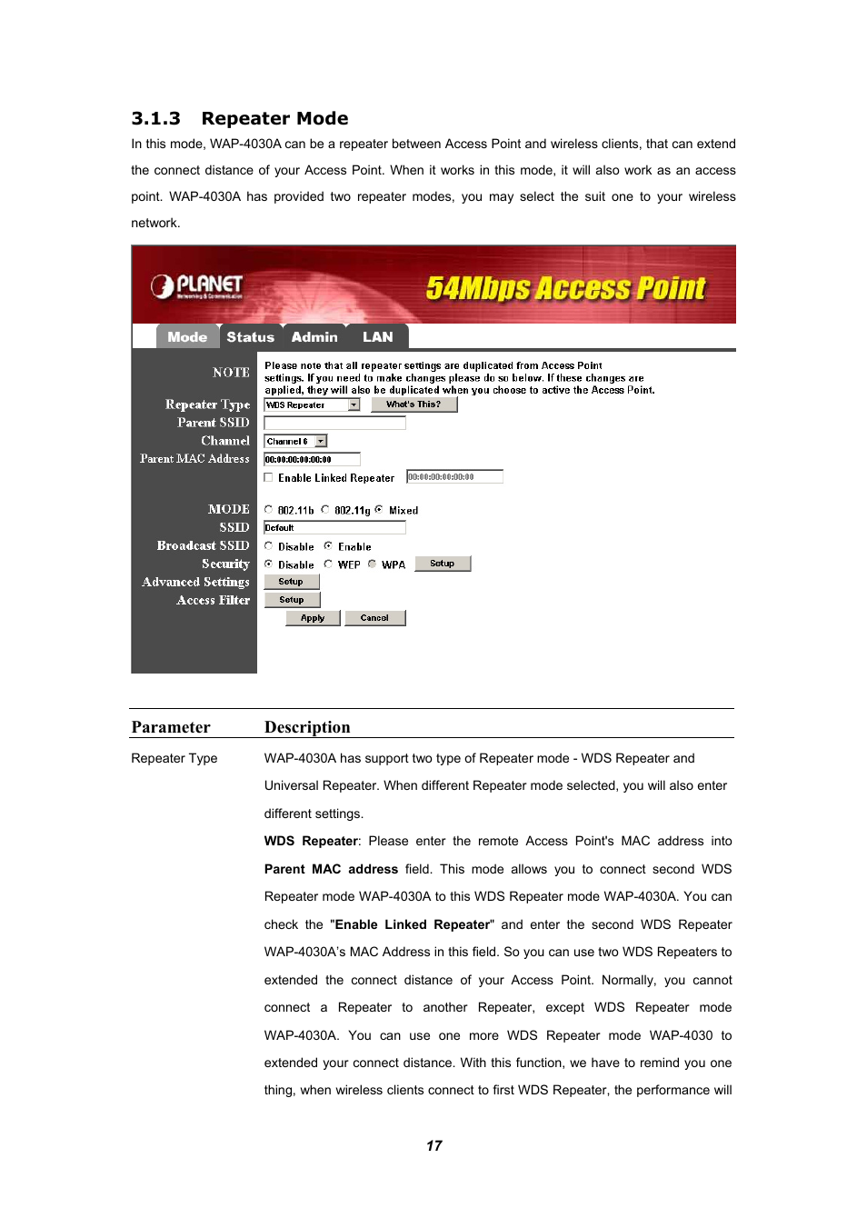 3 repeater mode, Repeater mode, Parameter description | Planet Technology WAP-4030A User Manual | Page 17 / 28