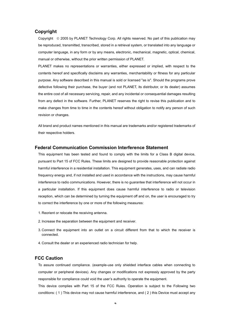 Copyright, Fcc caution | Planet Technology WAP-4030A User Manual | Page 2 / 28