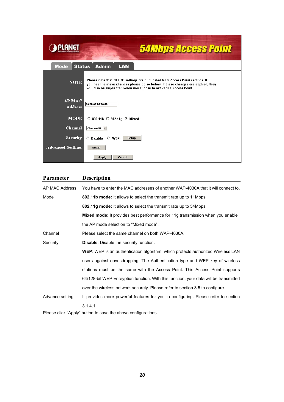 Parameter description | Planet Technology WAP-4030A User Manual | Page 20 / 28