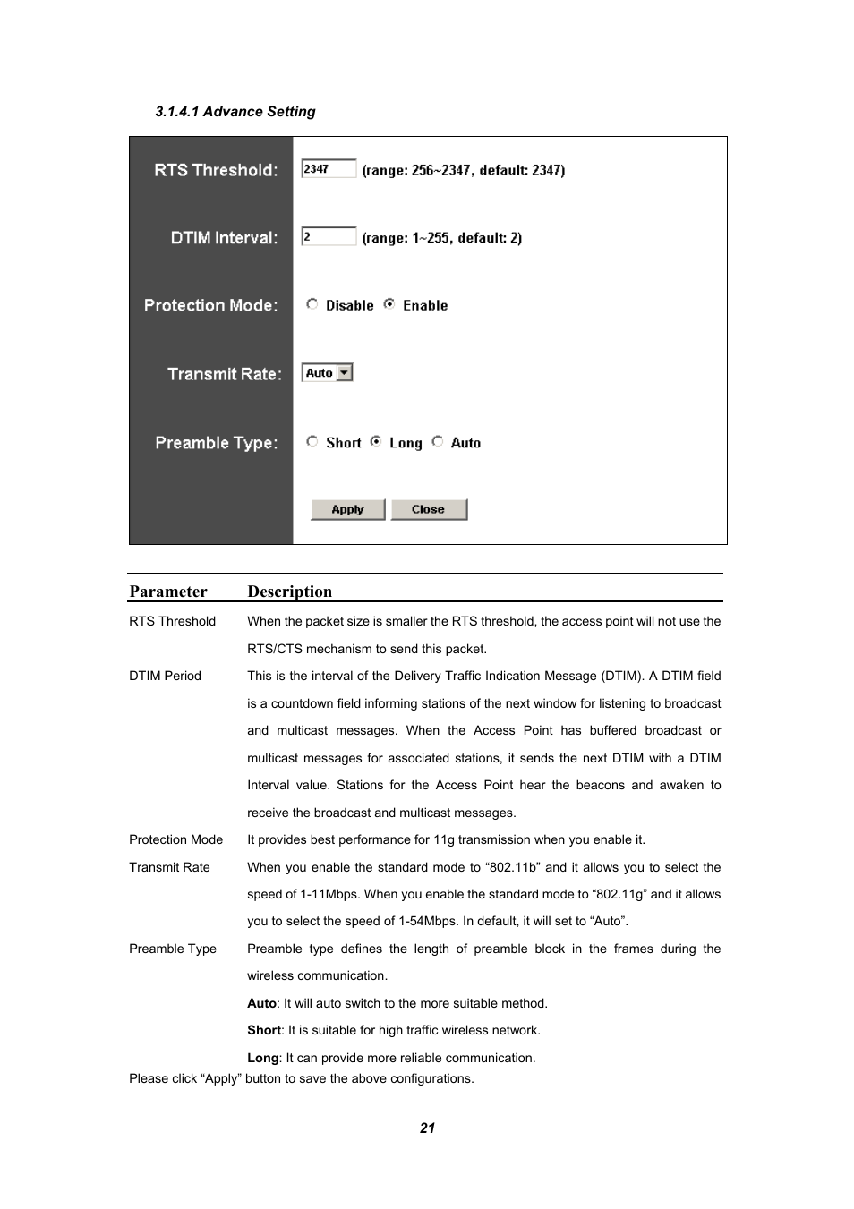 1 advance setting, Parameter description | Planet Technology WAP-4030A User Manual | Page 21 / 28