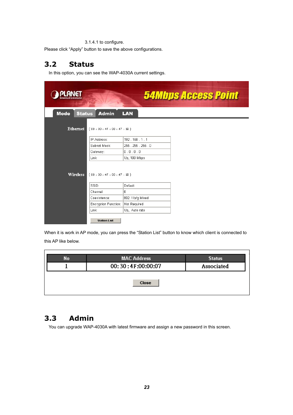 Status, Admin, 2 status | 3 admin | Planet Technology WAP-4030A User Manual | Page 23 / 28