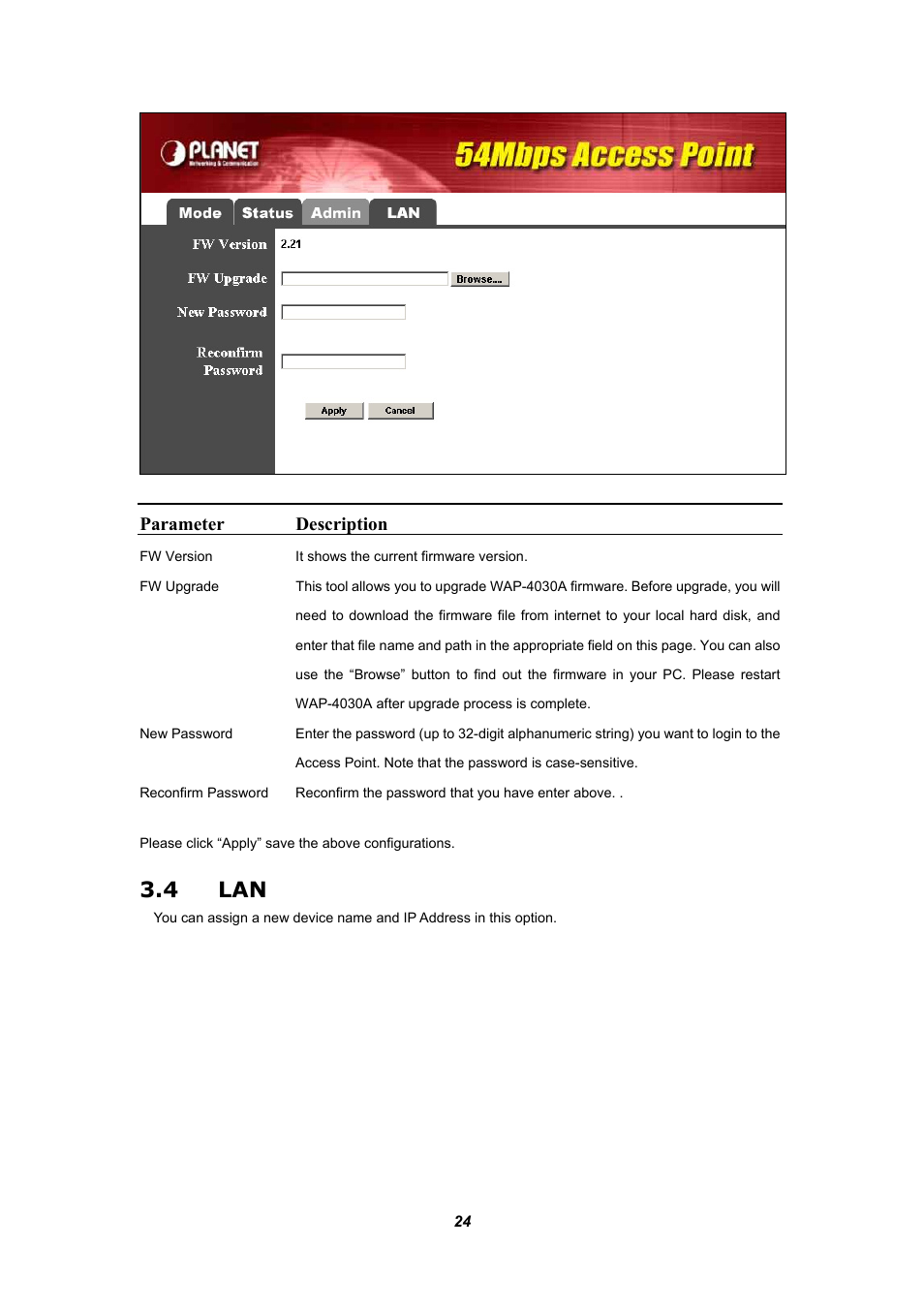 4 lan, Parameter description | Planet Technology WAP-4030A User Manual | Page 24 / 28