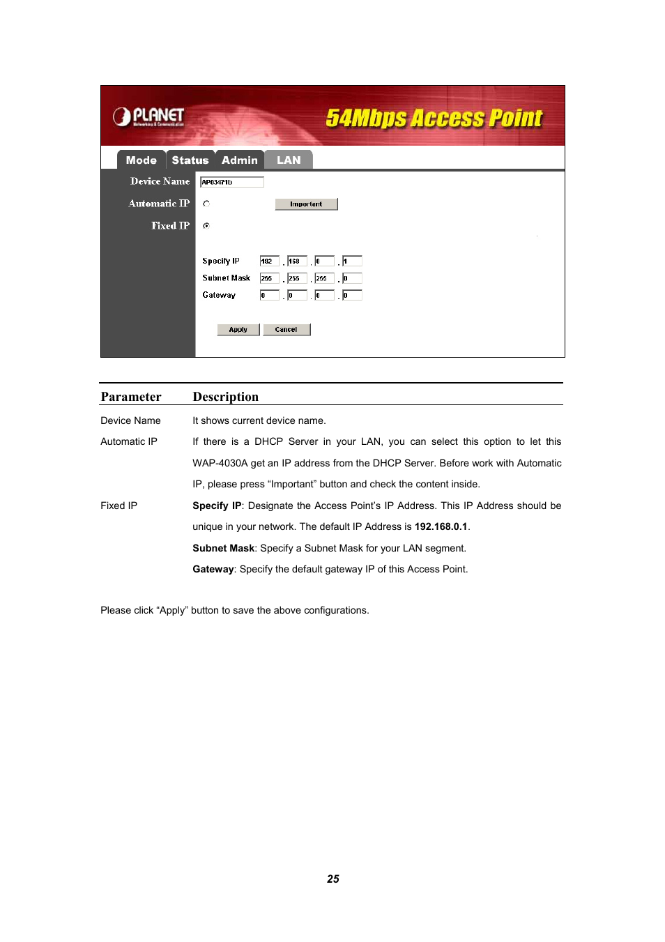Parameter description | Planet Technology WAP-4030A User Manual | Page 25 / 28