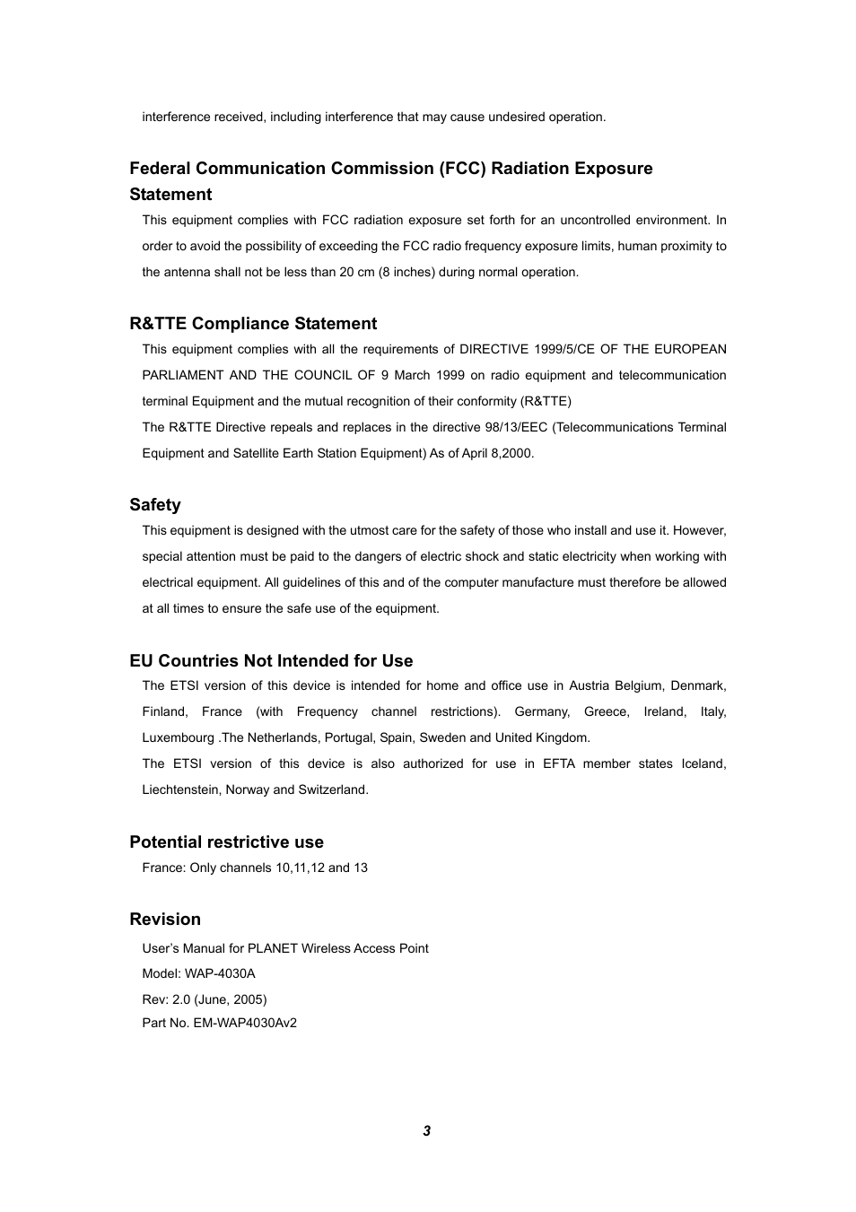 R&tte compliance statement, Safety, Eu countries not intended for use | Potential restrictive use, Revision | Planet Technology WAP-4030A User Manual | Page 3 / 28