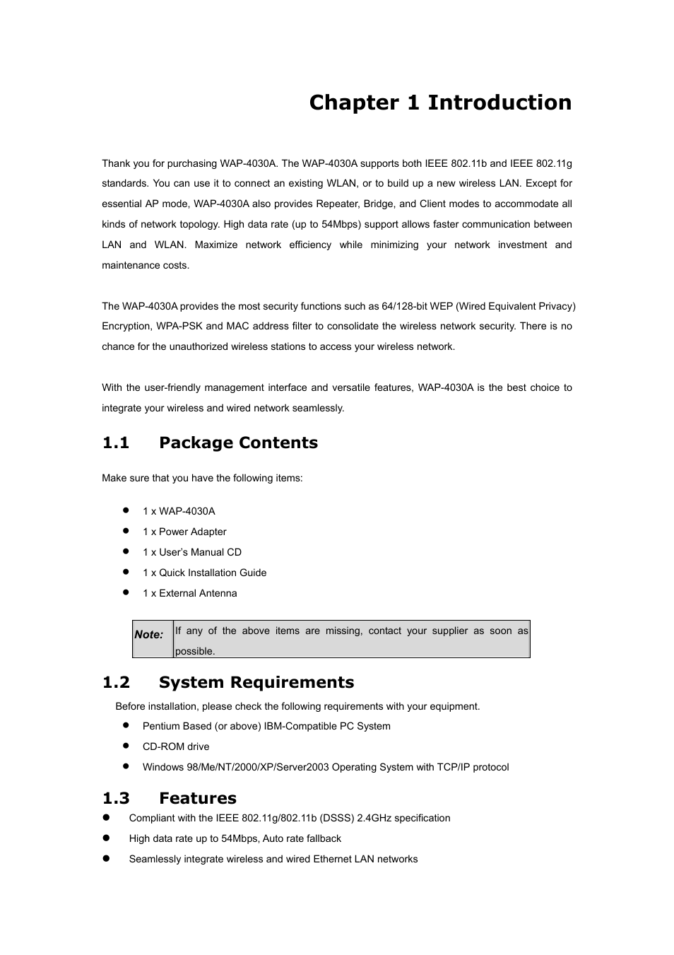 Chapter 1 introduction, 1 package contents, 2 system requirements | 3 features, Package contents, System requirements, Features | Planet Technology WAP-4030A User Manual | Page 5 / 28