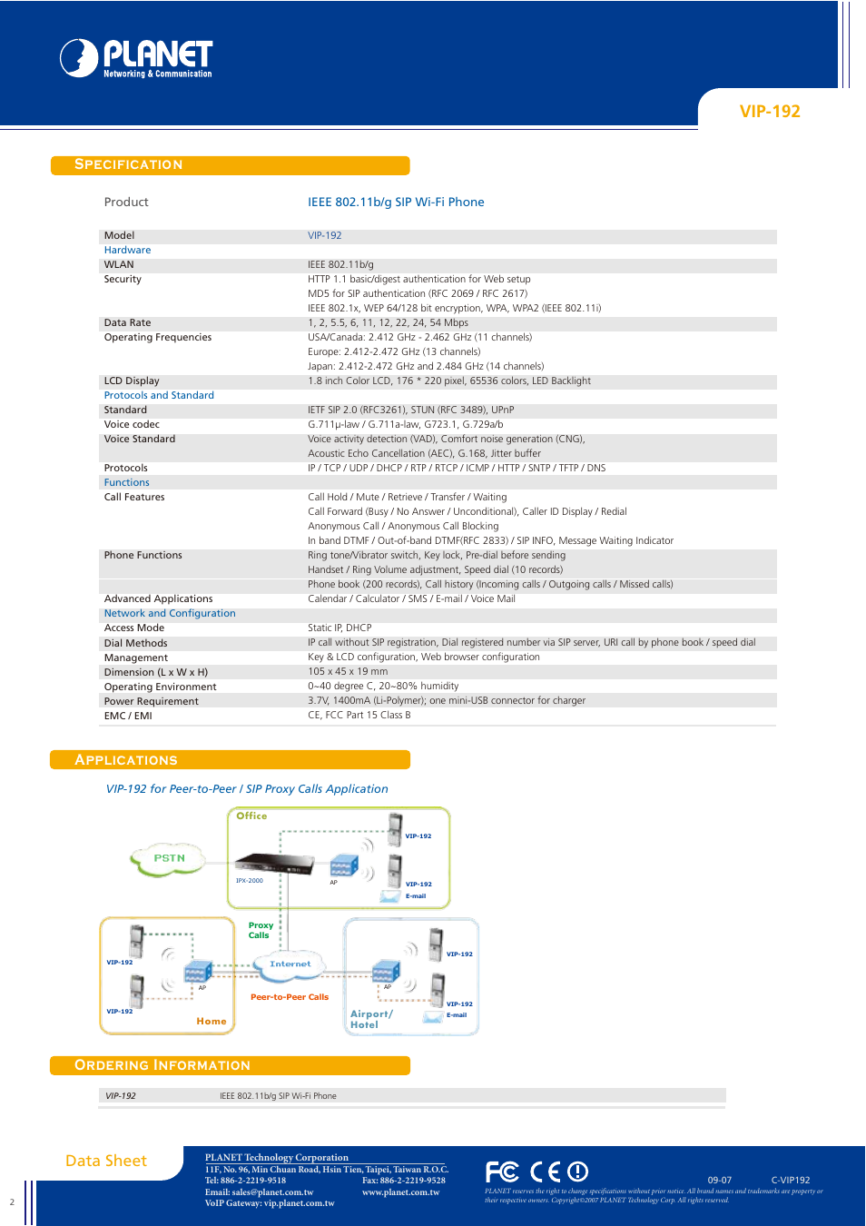 Vip-192, Specification applications ordering information, Data sheet | Pstn | Planet Technology VIP-192 User Manual | Page 2 / 2